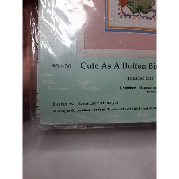 Janlynn Counted Cross Stitch Kit Cute As A Button Birth Announcement 11x14 - Picture 3 of 5